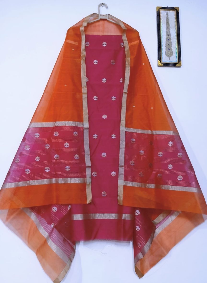 Chanderi Handloom 2 piece Unstitched Suits (No Bottom)