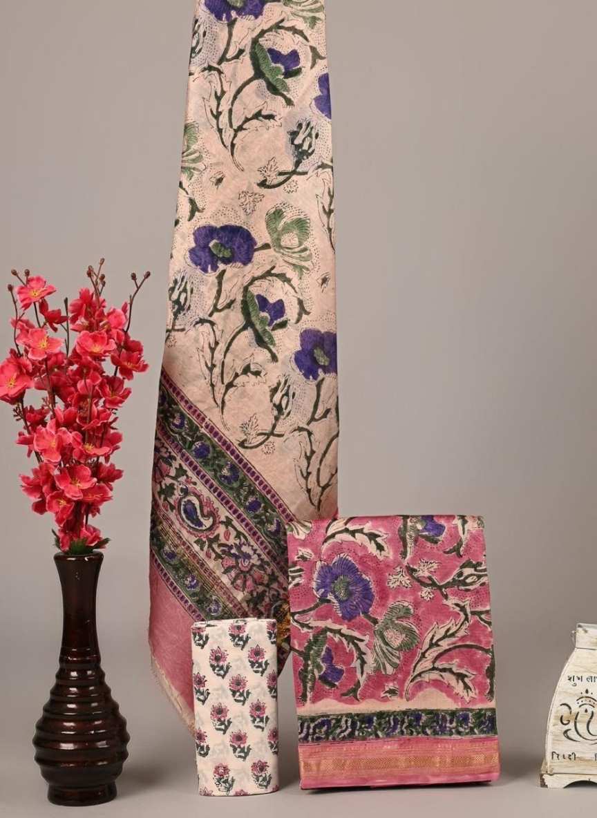 Maheshwari Hand Block Printed 3 piece Unstitched Suits - Image 4