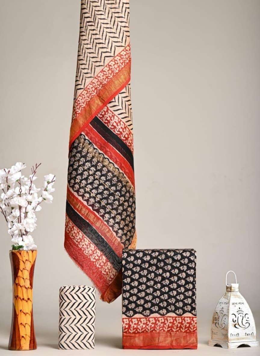 Maheshwari Hand Block Printed 3 piece Unstitched Suits - Image 3