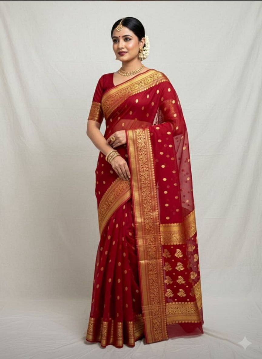 Handwoven Red Chanderi Katan Silk Saree – Golden Zari Border & Boties