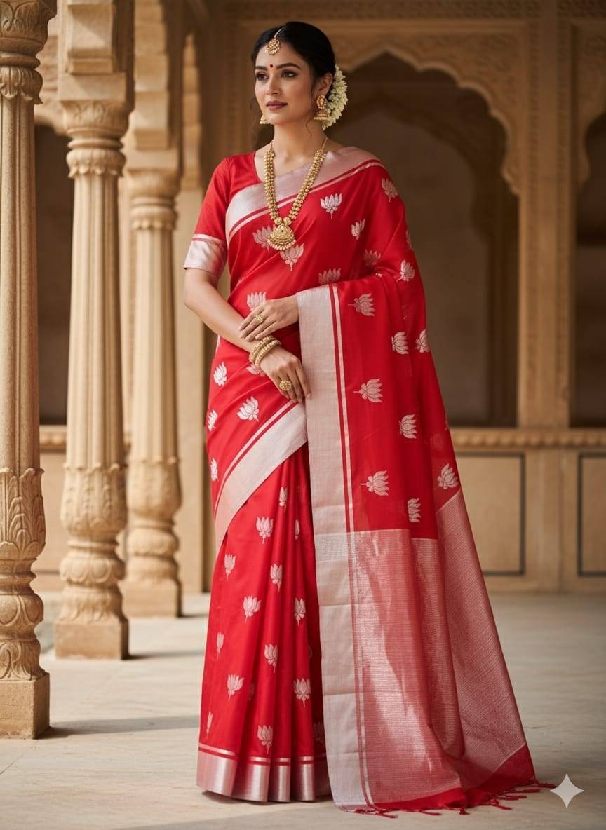 Handwoven  Red Chanderi Pattu Saree with Silver Border & Silver buties