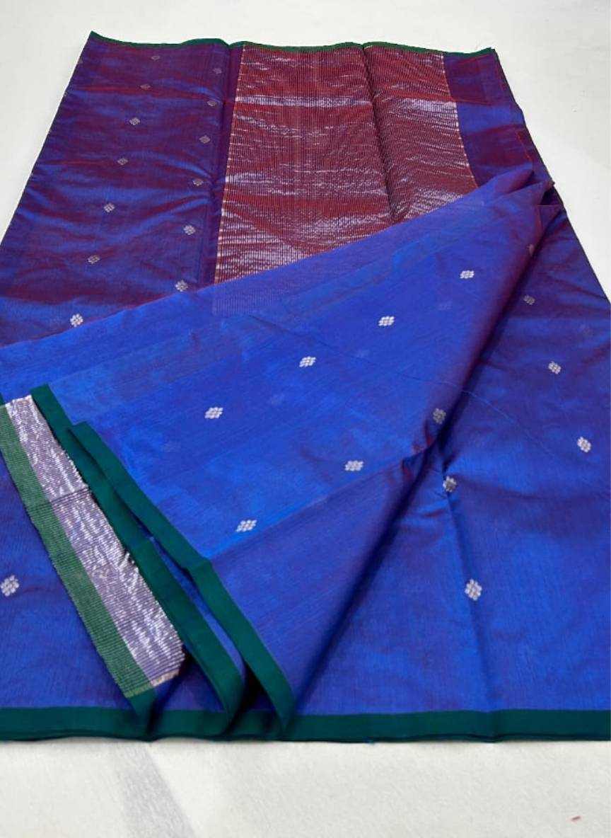 Handwoven Royal Blue Chanderi Pattu Saree with piping border