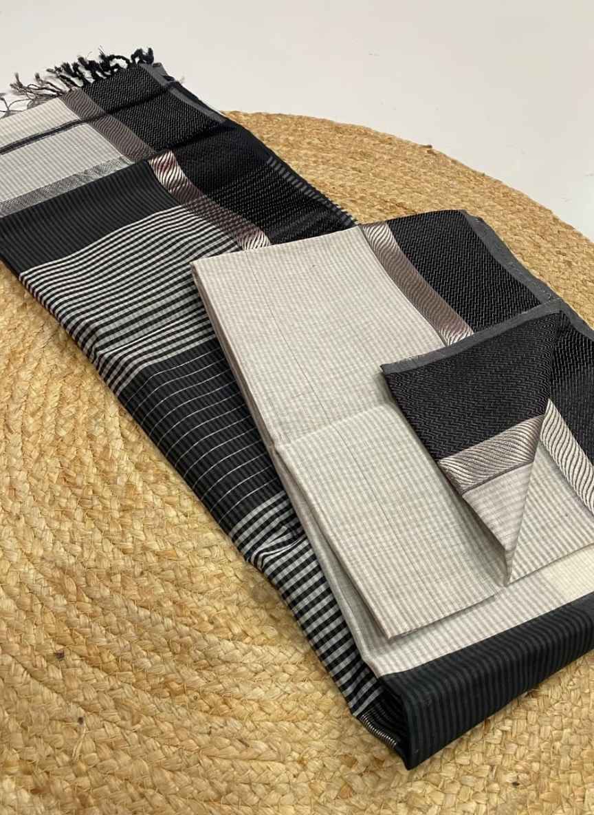 White & Black Maheshwari Handloom Saree.