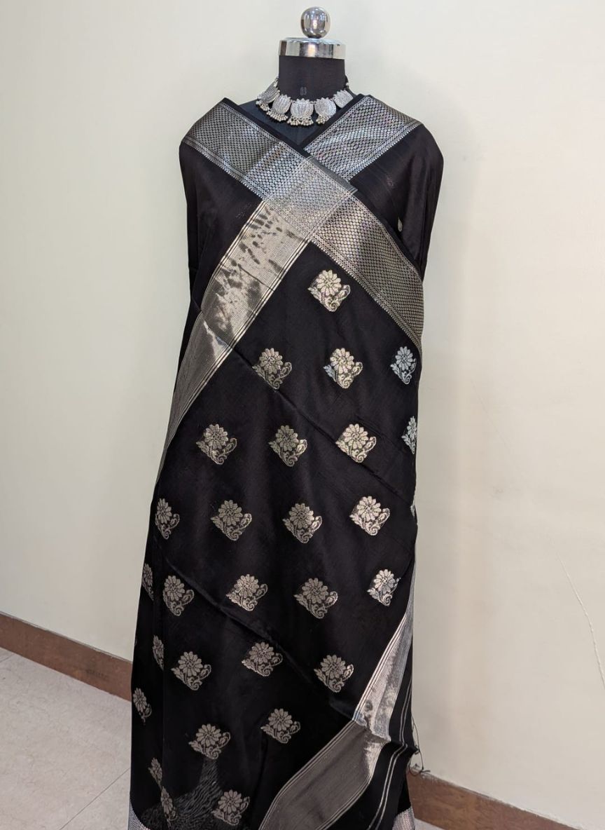Handloom Black Maheshwari Cotton Silk Saree with silver border & buties