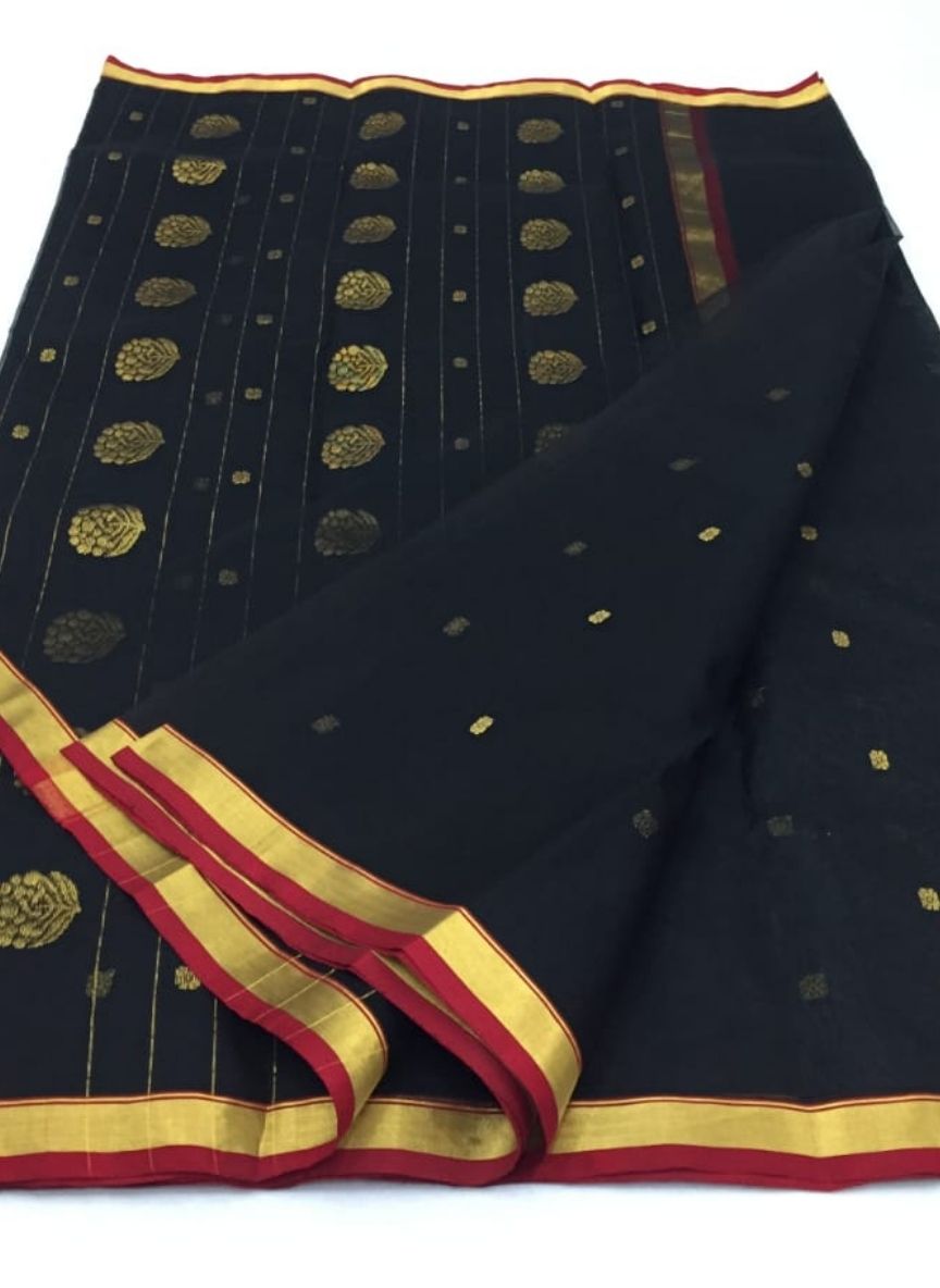 Black Chanderi Katan Silk Saree with Zari buties