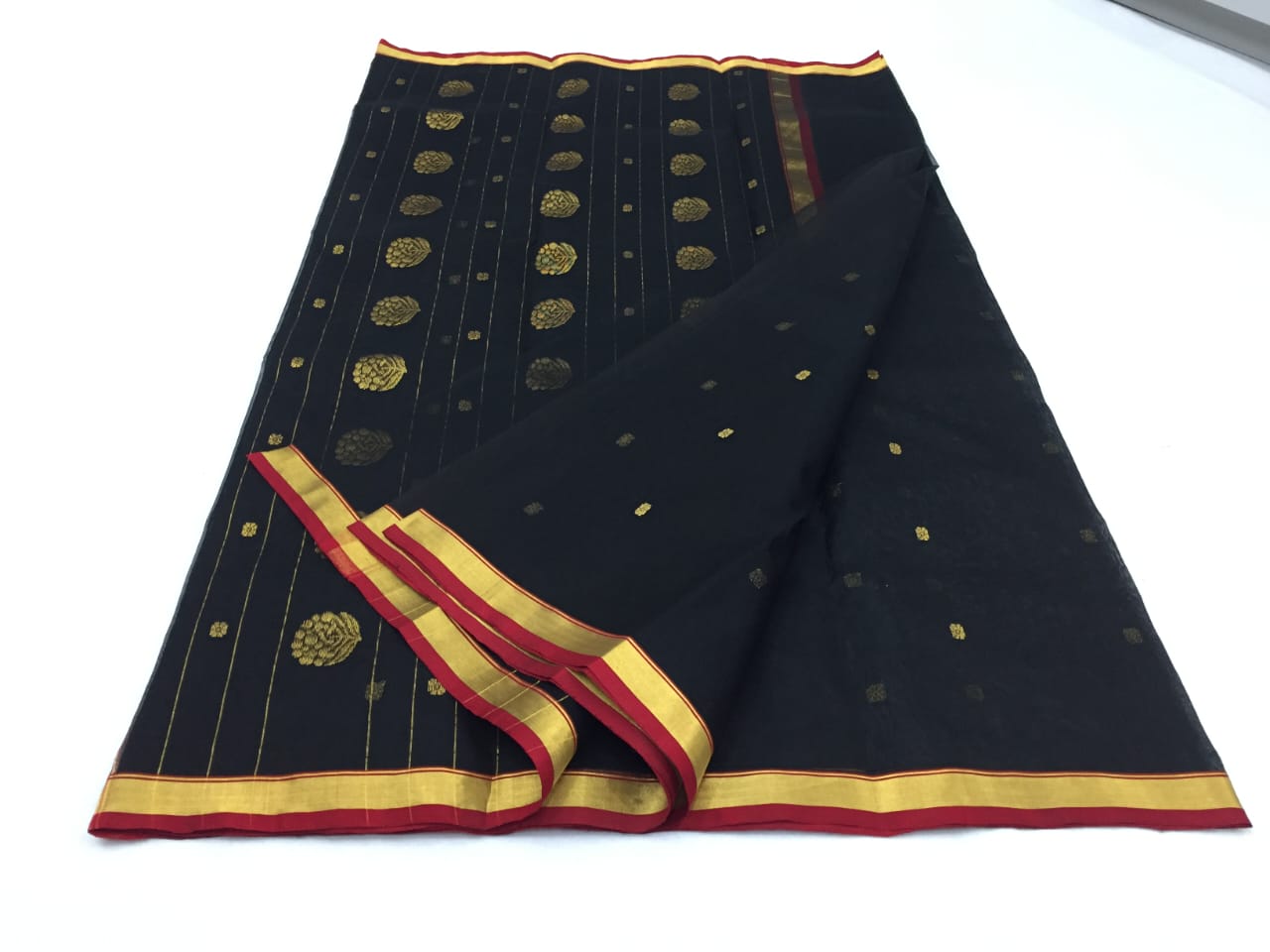 Black Chanderi Katan Silk Saree with Zari buties - Image 3
