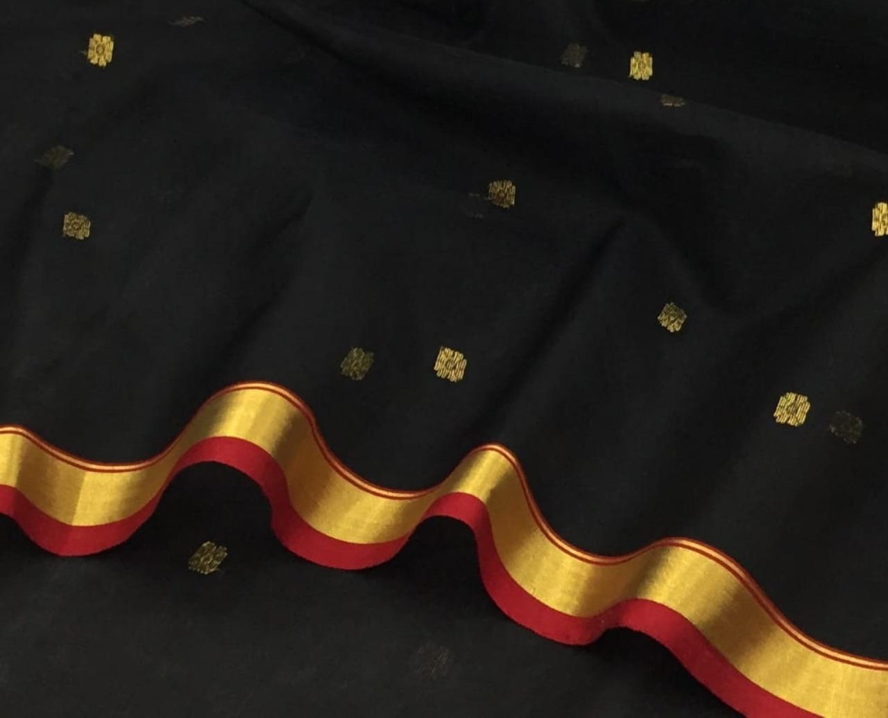 Black Chanderi Katan Silk Saree with Zari buties - Image 2