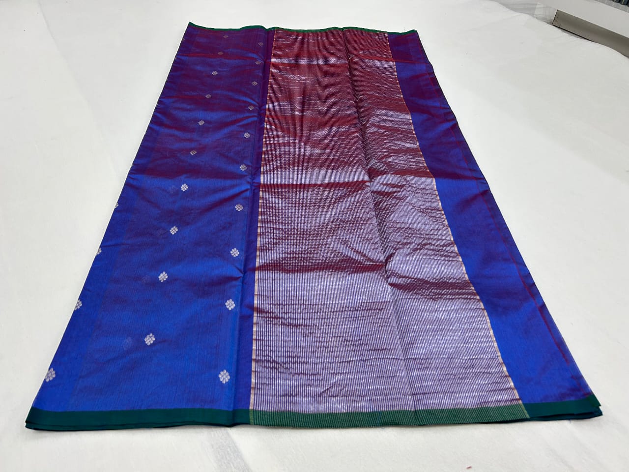 Handwoven Royal Blue Chanderi Pattu Saree with piping border - Image 5