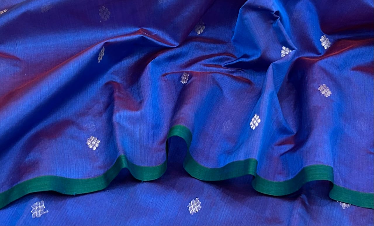 Handwoven Royal Blue Chanderi Pattu Saree with piping border - Image 6